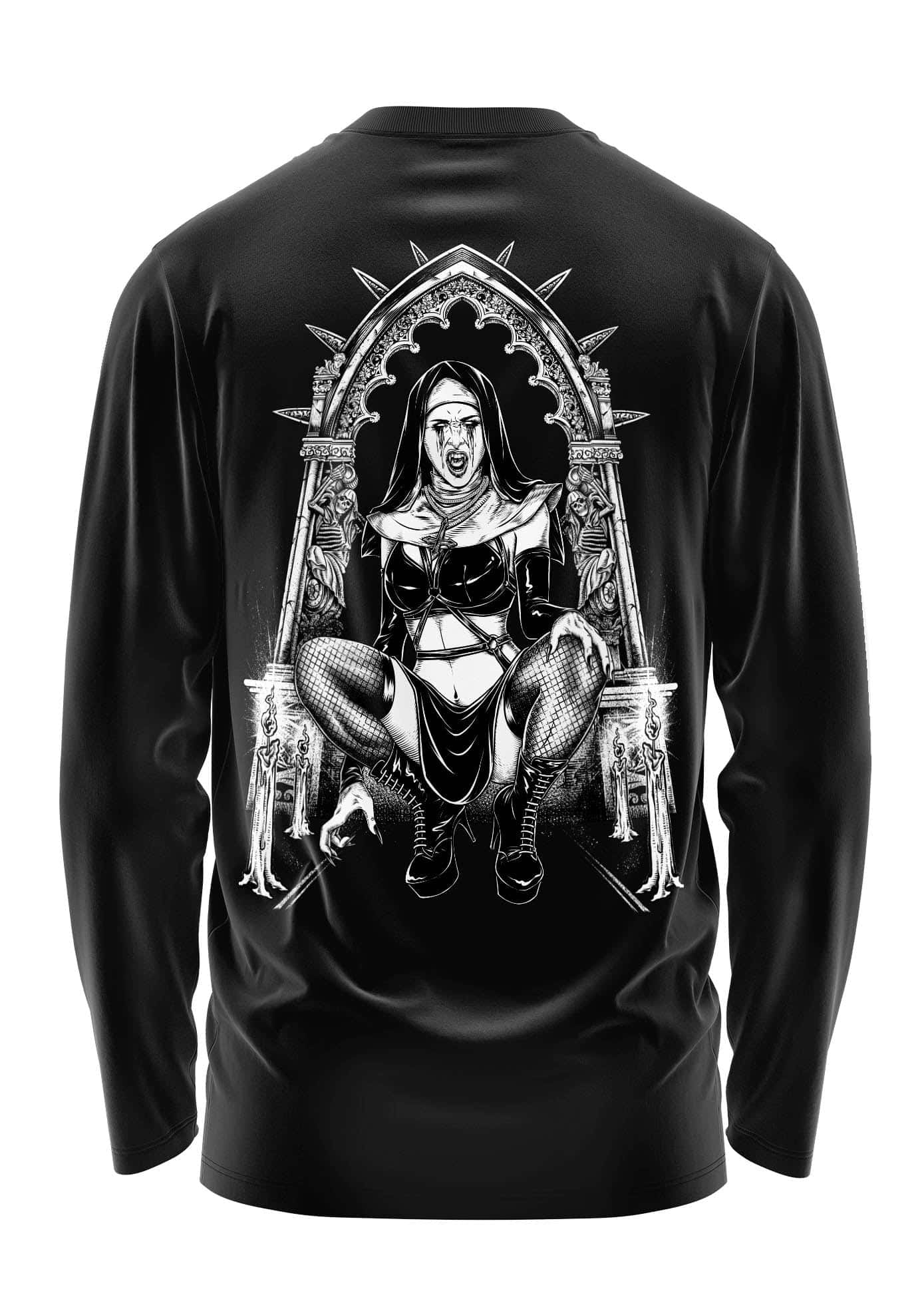 Schwarzes vampire nun longsleeve aus strapazierfähigem stoff aus biologischer baumwolle mit gothischem nonnenmotiv